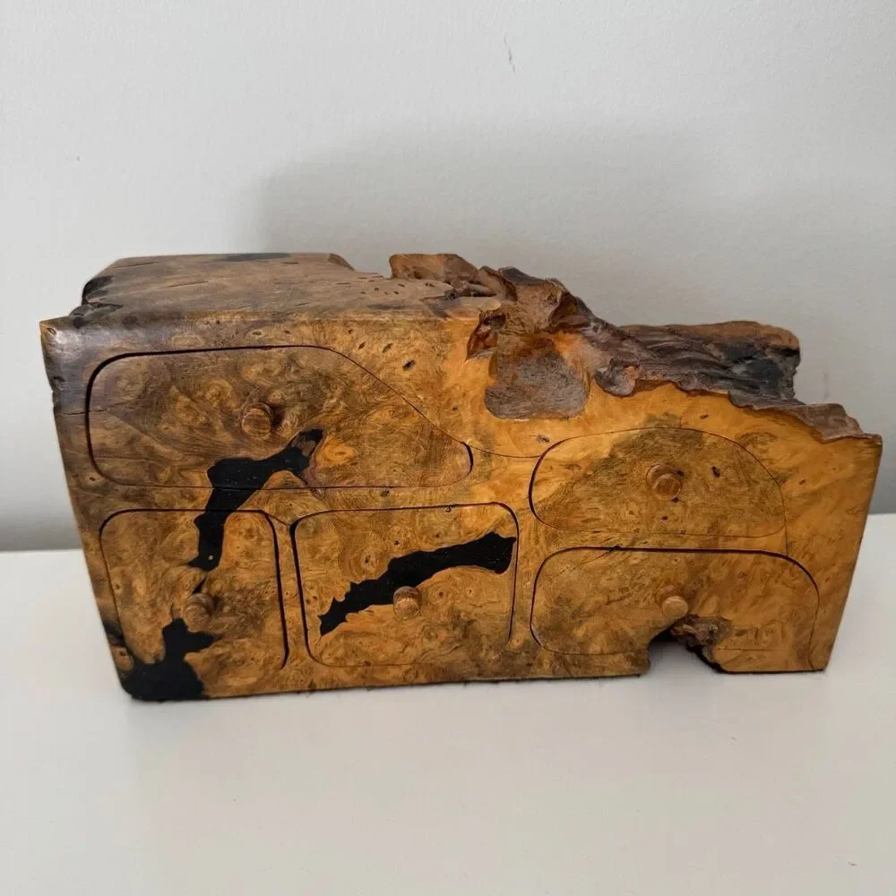 VTG Handcrafted Natural Burl Wood Jewelry Box Multi-Drawer Rustic Artisan Box